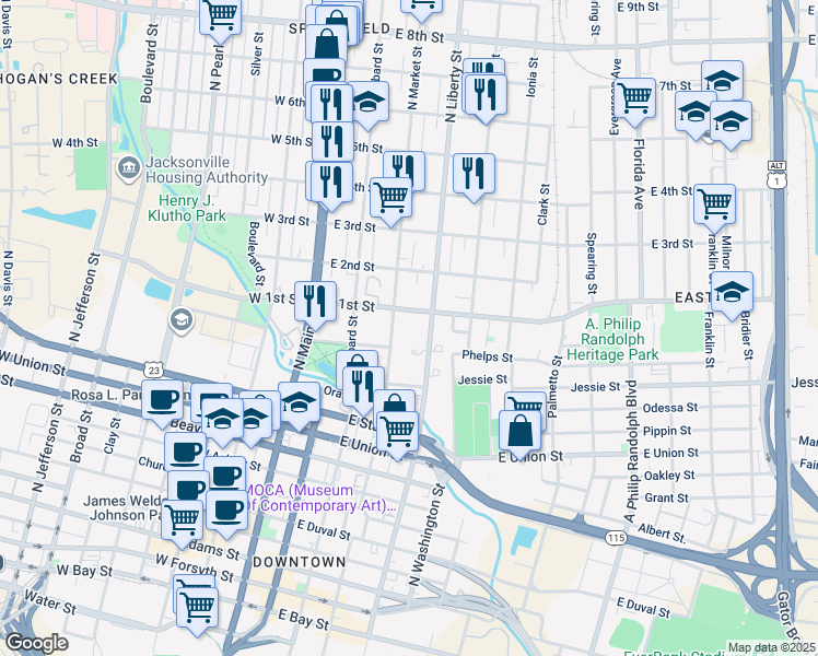 map of restaurants, bars, coffee shops, grocery stores, and more near 230 East 1st Street in Jacksonville