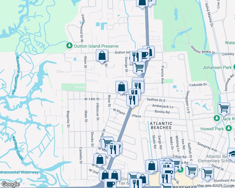 map of restaurants, bars, coffee shops, grocery stores, and more near 1102 Orchid Street in Atlantic Beach
