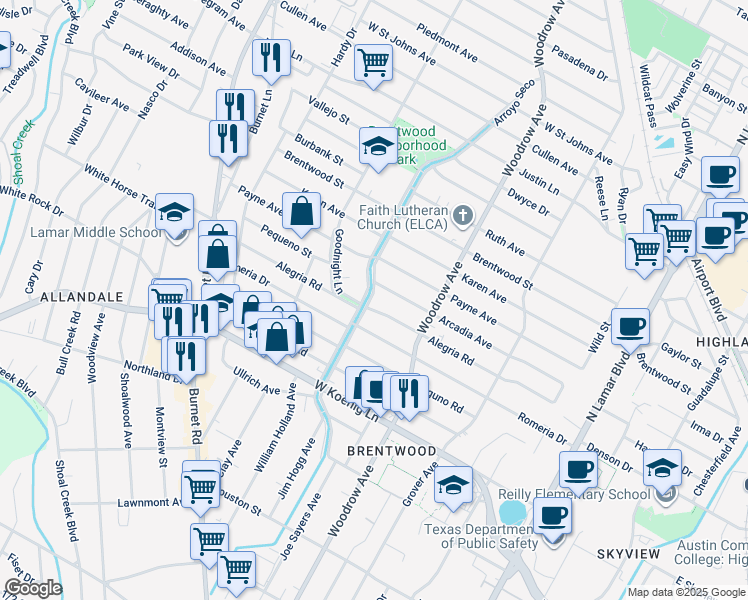 map of restaurants, bars, coffee shops, grocery stores, and more near 6303 Arroyo Seco in Austin