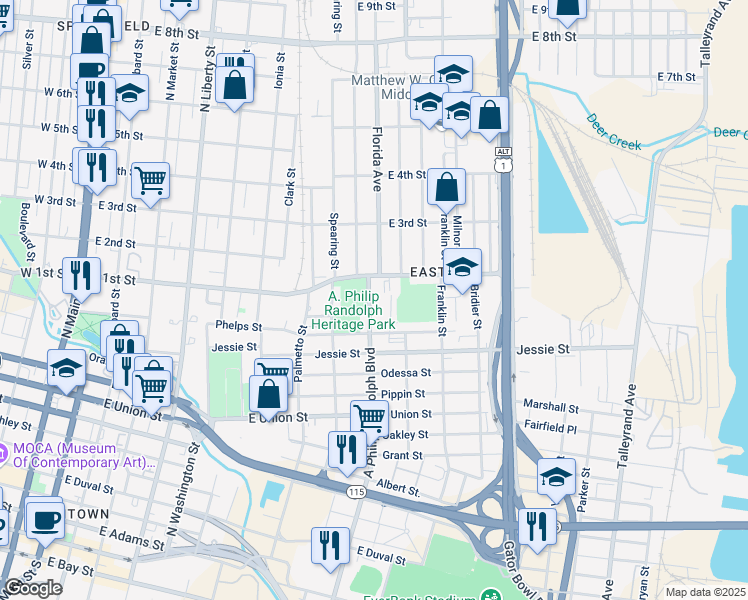 map of restaurants, bars, coffee shops, grocery stores, and more near 1095 A Philip Randolph Boulevard in Jacksonville