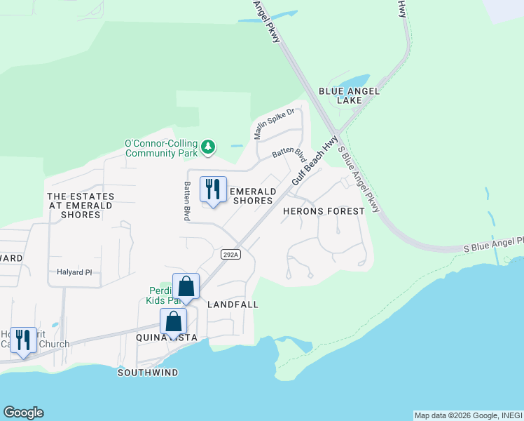 map of restaurants, bars, coffee shops, grocery stores, and more near 700 Buoy Drive in Pensacola