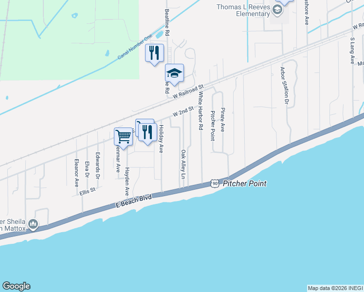 map of restaurants, bars, coffee shops, grocery stores, and more near 31 Oak Alley Lane in Long Beach