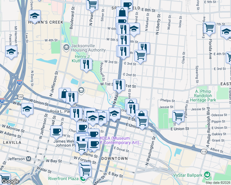 map of restaurants, bars, coffee shops, grocery stores, and more near 1002 U.S. 17 in Jacksonville