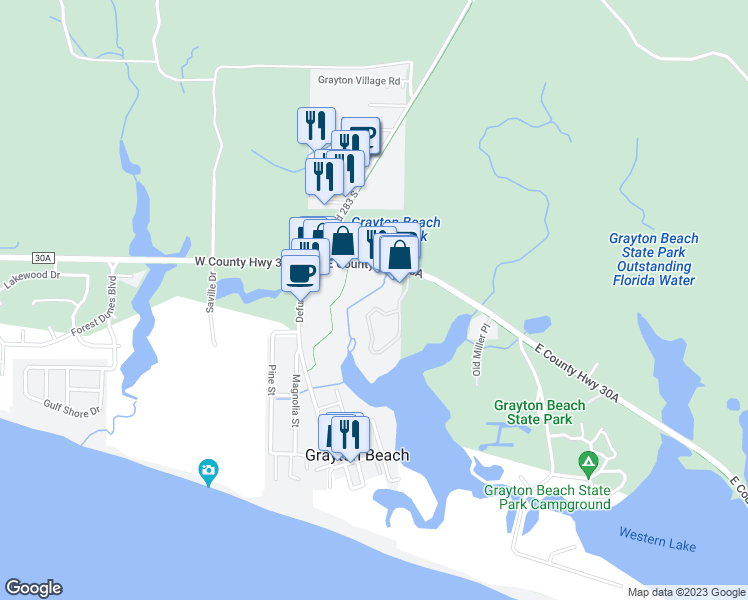 map of restaurants, bars, coffee shops, grocery stores, and more near 385 Wilderness Way in Santa Rosa Beach