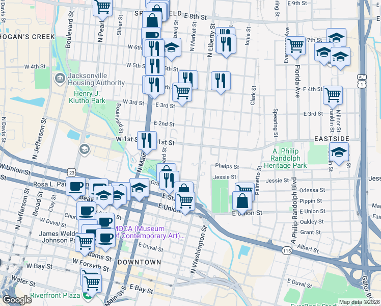 map of restaurants, bars, coffee shops, grocery stores, and more near 230 East 1st Street in Jacksonville