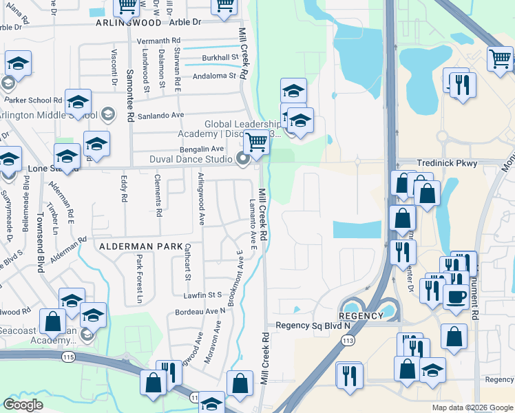 map of restaurants, bars, coffee shops, grocery stores, and more near 1408 Lamanto Avenue East in Jacksonville