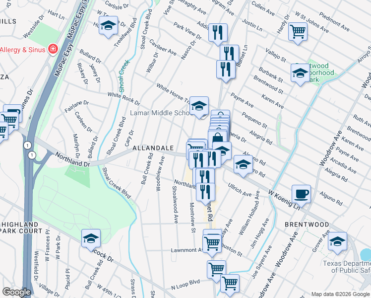 map of restaurants, bars, coffee shops, grocery stores, and more near 5906 Wynona Avenue in Austin