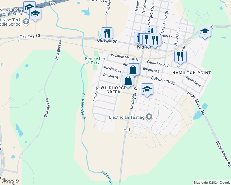 map of restaurants, bars, coffee shops, grocery stores, and more near 11607 Lapoynor Street in Manor