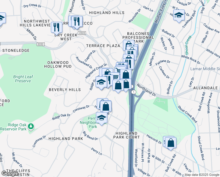 map of restaurants, bars, coffee shops, grocery stores, and more near 5334 Balcones Drive in Austin