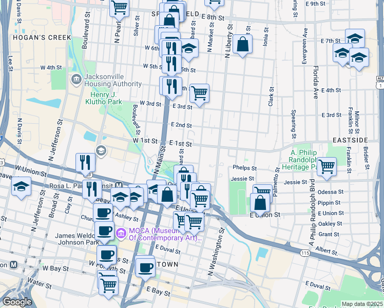 map of restaurants, bars, coffee shops, grocery stores, and more near 150 East 1st Street in Jacksonville