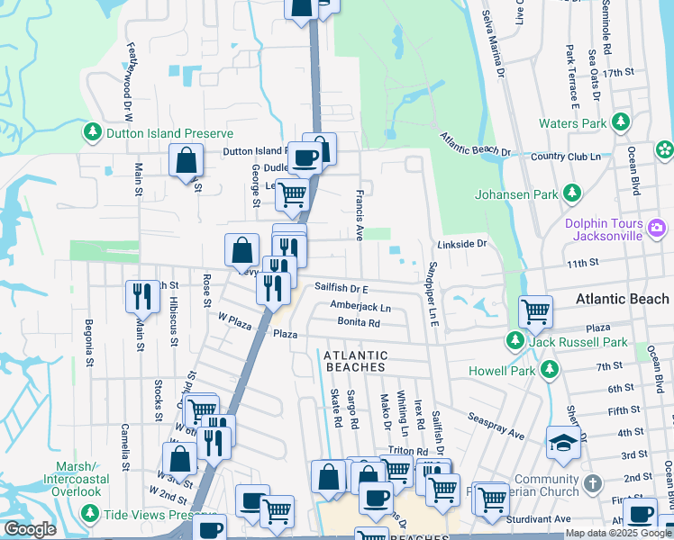 map of restaurants, bars, coffee shops, grocery stores, and more near 96b Ardella Road in Atlantic Beach
