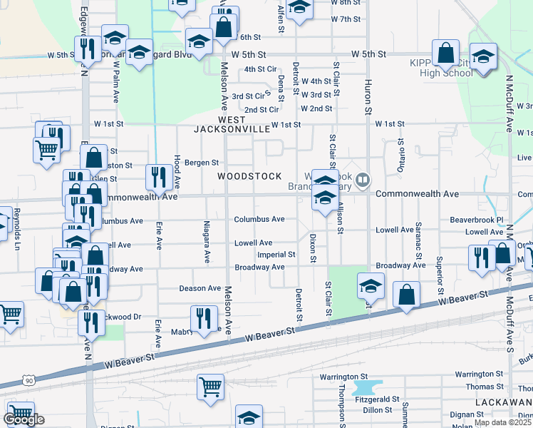 map of restaurants, bars, coffee shops, grocery stores, and more near 3056 Commonwealth Avenue in Jacksonville