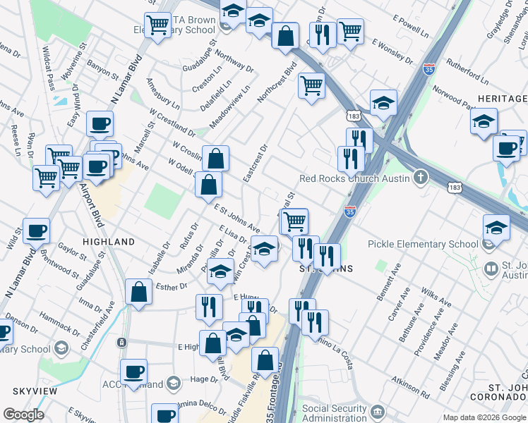 map of restaurants, bars, coffee shops, grocery stores, and more near 305 East Croslin Street in Austin