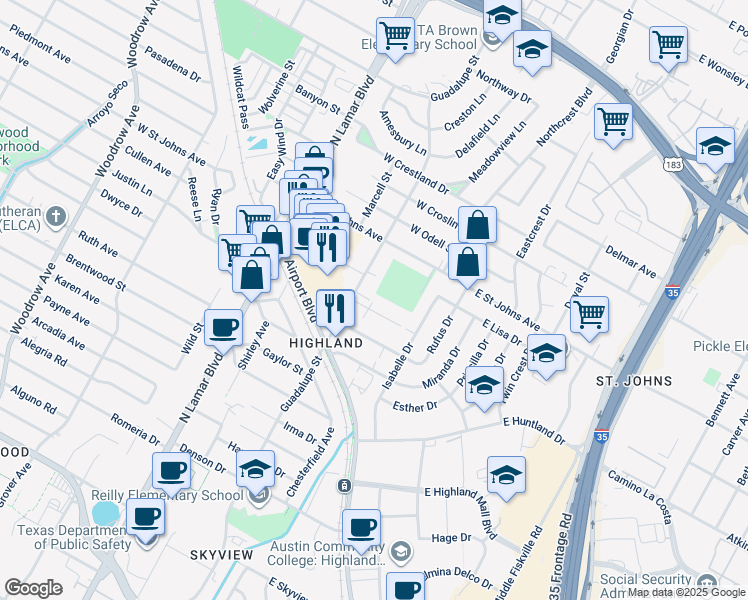 map of restaurants, bars, coffee shops, grocery stores, and more near 401 West Saint Johns Avenue in Austin