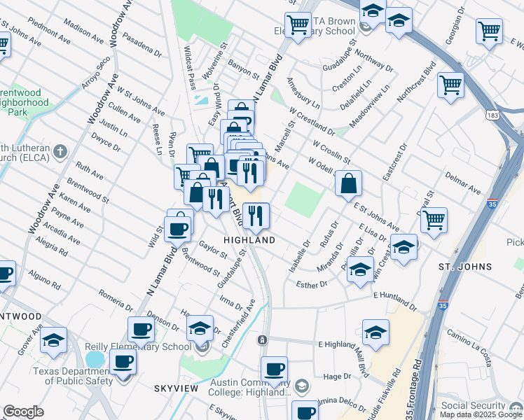 map of restaurants, bars, coffee shops, grocery stores, and more near 7000 Guadalupe Street in Austin