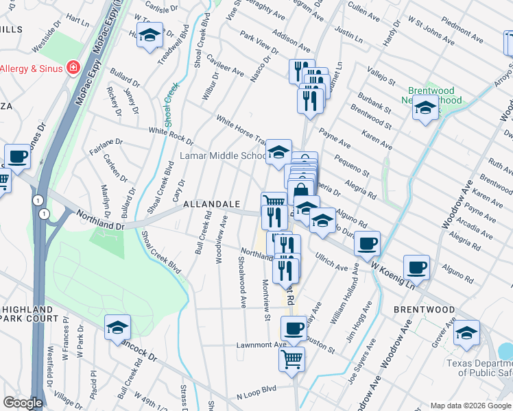 map of restaurants, bars, coffee shops, grocery stores, and more near 5906 Wynona Avenue in Austin