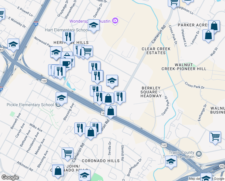 map of restaurants, bars, coffee shops, grocery stores, and more near 8004 Cameron Rd in Austin