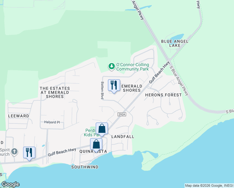 map of restaurants, bars, coffee shops, grocery stores, and more near 386 Mizzen Lane in Pensacola
