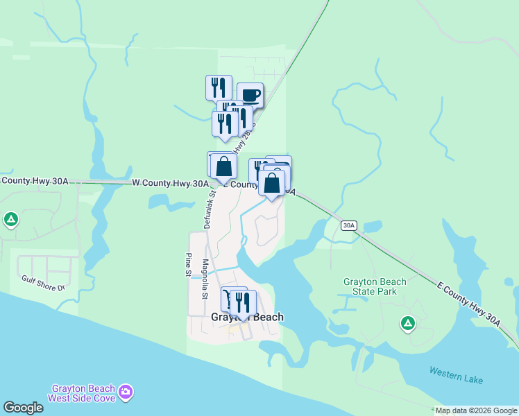map of restaurants, bars, coffee shops, grocery stores, and more near 385 Wilderness Way in Santa Rosa Beach