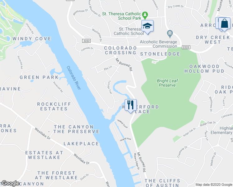 map of restaurants, bars, coffee shops, grocery stores, and more near 5321 Tortuga Trail in Austin
