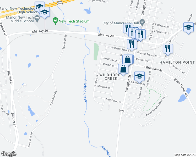 map of restaurants, bars, coffee shops, grocery stores, and more near 11400 Liberty Street in Manor