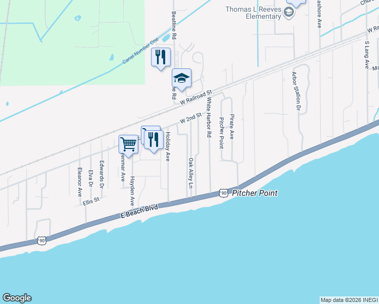 map of restaurants, bars, coffee shops, grocery stores, and more near 31 Oak Alley Lane in Long Beach