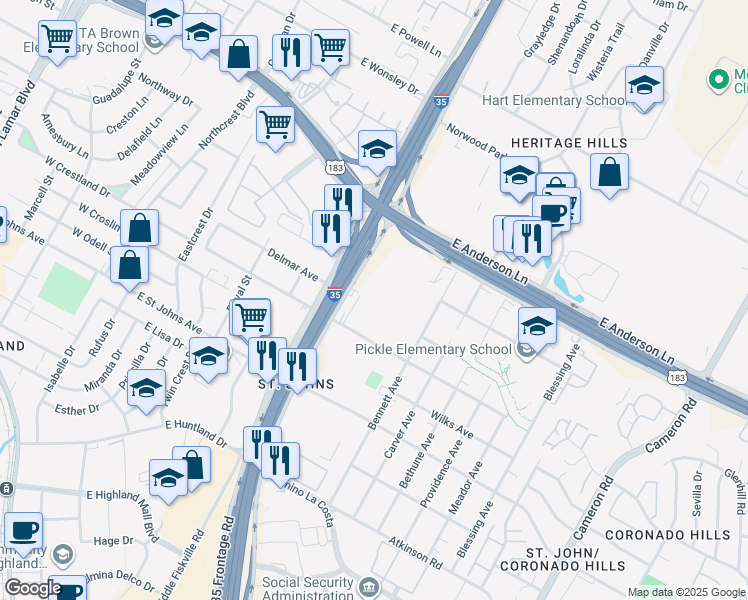 map of restaurants, bars, coffee shops, grocery stores, and more near 7509 North Interstate Highway 35 in Austin