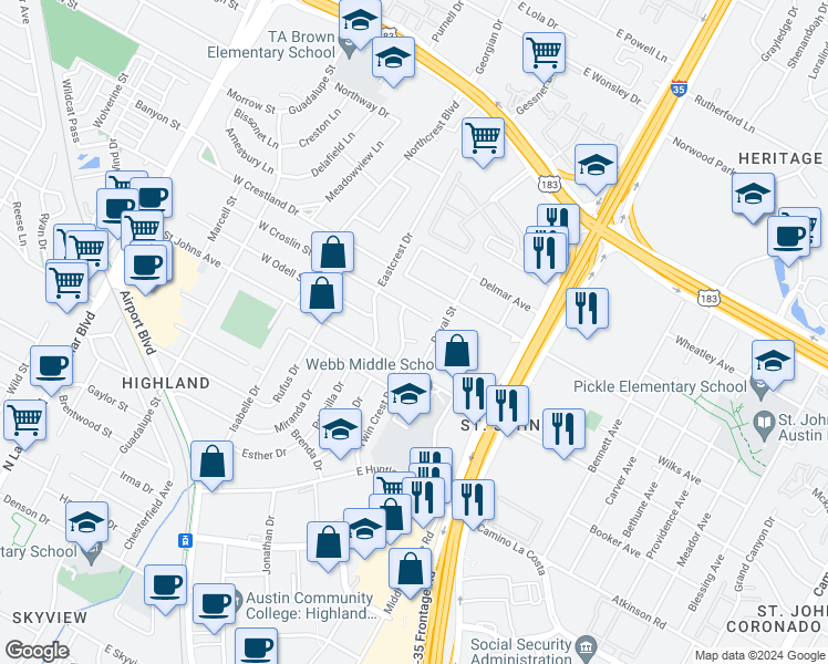 map of restaurants, bars, coffee shops, grocery stores, and more near 305 East Croslin Street in Austin