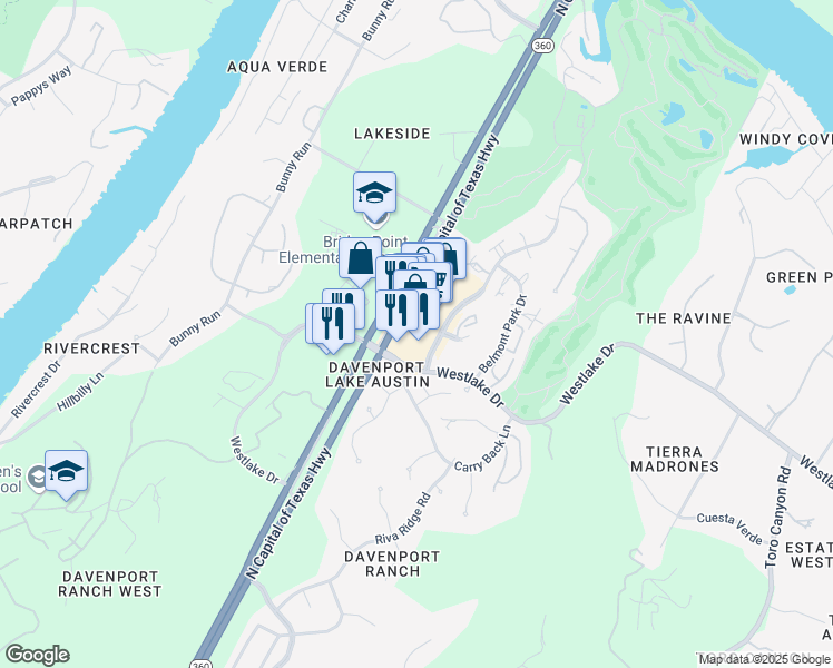 map of restaurants, bars, coffee shops, grocery stores, and more near 3801 North Capital of Texas Highway in Austin