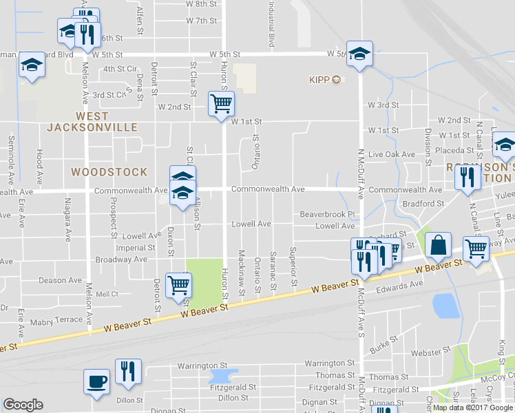 map of restaurants, bars, coffee shops, grocery stores, and more near Ontario Street in Jacksonville