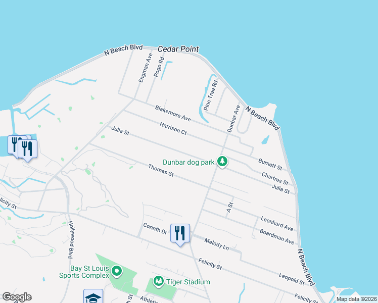 map of restaurants, bars, coffee shops, grocery stores, and more near 321 Julia Street in Bay St. Louis