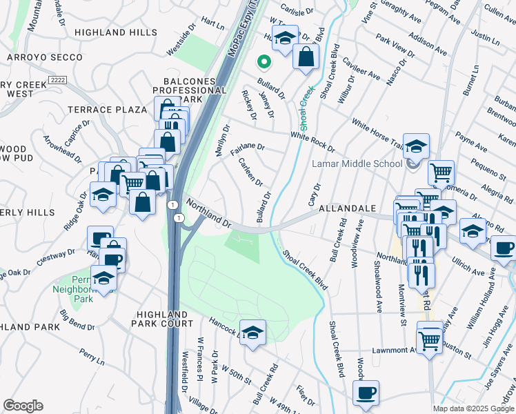 map of restaurants, bars, coffee shops, grocery stores, and more near 5708 Bullard Drive in Austin