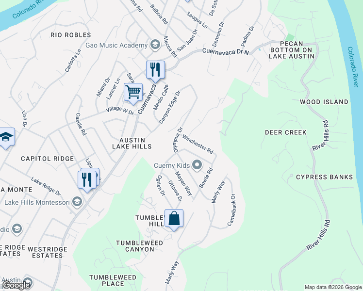 map of restaurants, bars, coffee shops, grocery stores, and more near 1405 Olympus Drive in Austin