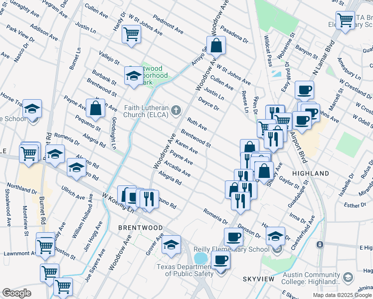 map of restaurants, bars, coffee shops, grocery stores, and more near 1301 Karen Avenue in Austin