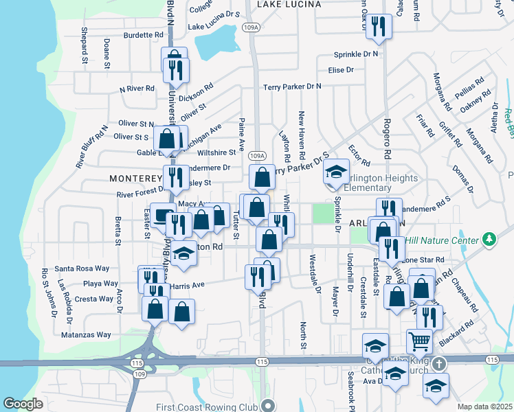 map of restaurants, bars, coffee shops, grocery stores, and more near 1513 Florida 109A in Jacksonville
