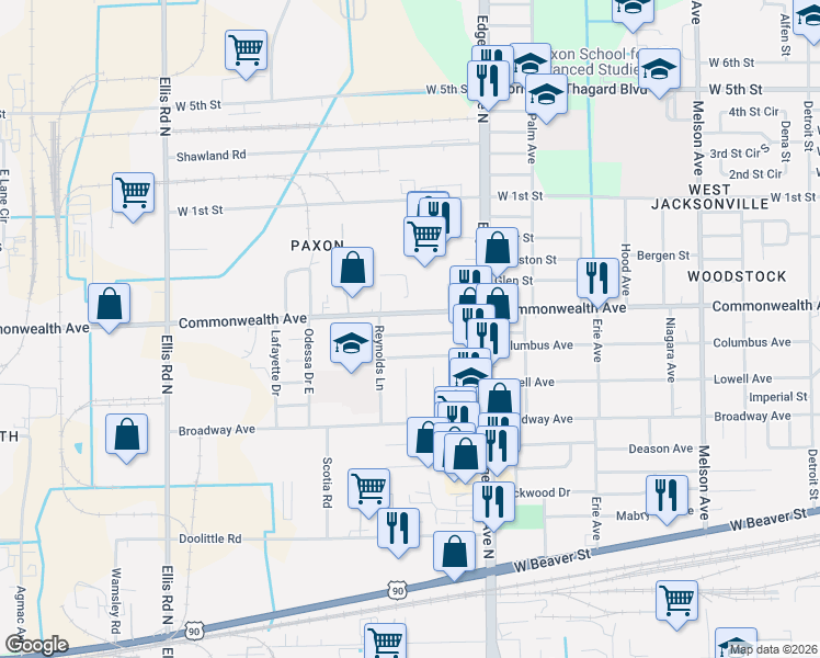 map of restaurants, bars, coffee shops, grocery stores, and more near 5111 Andrews Street in Jacksonville