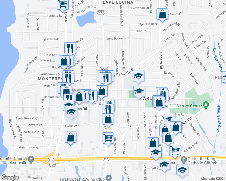 map of restaurants, bars, coffee shops, grocery stores, and more near 1445 Douglas Street in Jacksonville