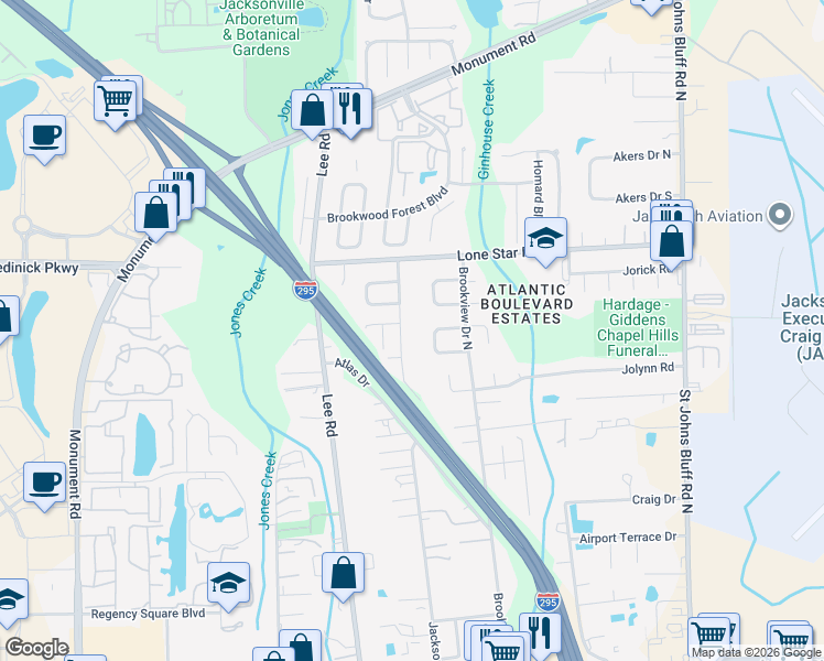 map of restaurants, bars, coffee shops, grocery stores, and more near 861 Jackson Road in Jacksonville