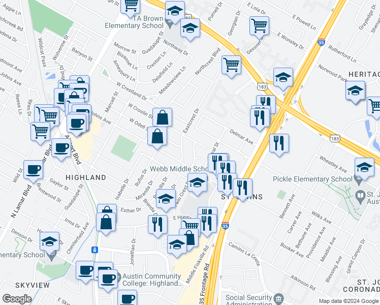 map of restaurants, bars, coffee shops, grocery stores, and more near 7209 Eastcrest Drive in Austin