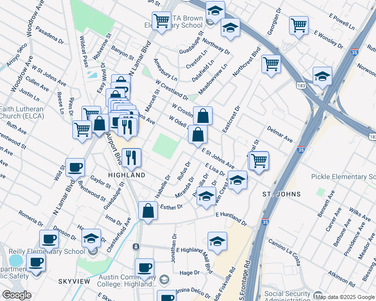 map of restaurants, bars, coffee shops, grocery stores, and more near 203 West Saint Johns Avenue in Austin