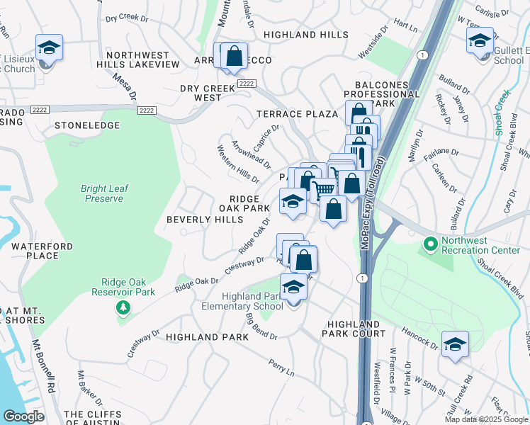 map of restaurants, bars, coffee shops, grocery stores, and more near 5304 Western Hills Drive in Austin