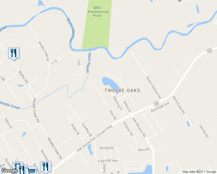 map of restaurants, bars, coffee shops, grocery stores, and more near 18144 Manning Drive in Prairieville