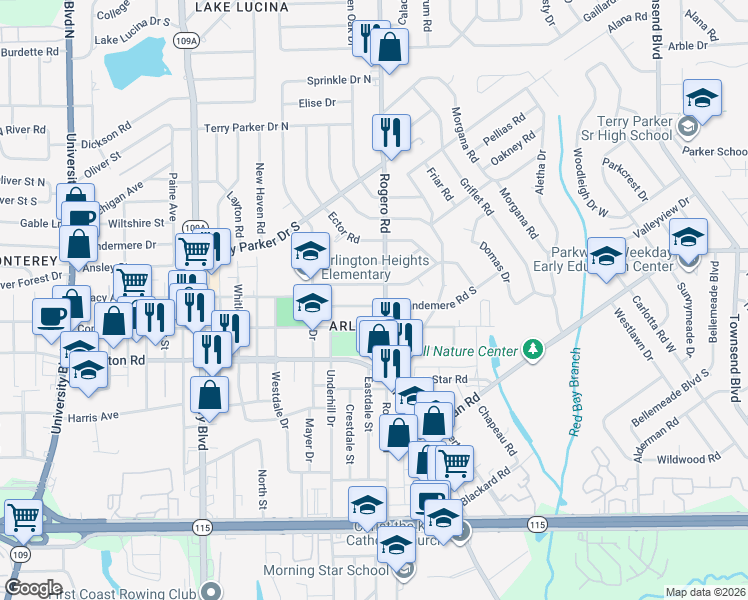 map of restaurants, bars, coffee shops, grocery stores, and more near 6643 Brandemere Road South in Jacksonville