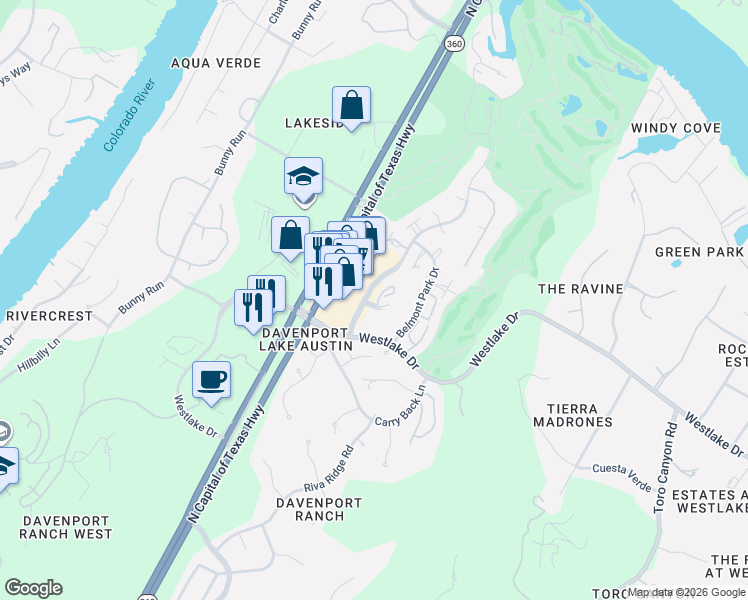 map of restaurants, bars, coffee shops, grocery stores, and more near 6010 Long Champ Court in Austin
