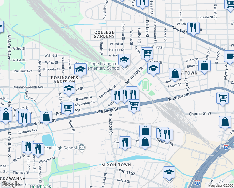 map of restaurants, bars, coffee shops, grocery stores, and more near 843 Baker Avenue in Jacksonville