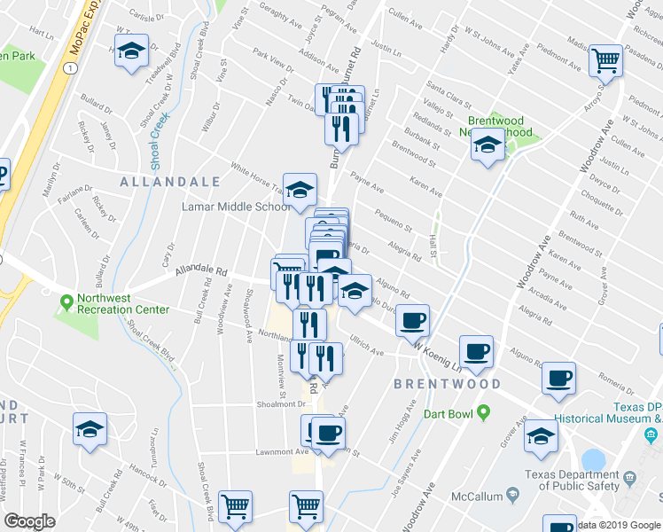 map of restaurants, bars, coffee shops, grocery stores, and more near 6100 Laird Drive in Austin