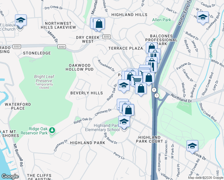 map of restaurants, bars, coffee shops, grocery stores, and more near 5304 Western Hills Drive in Austin