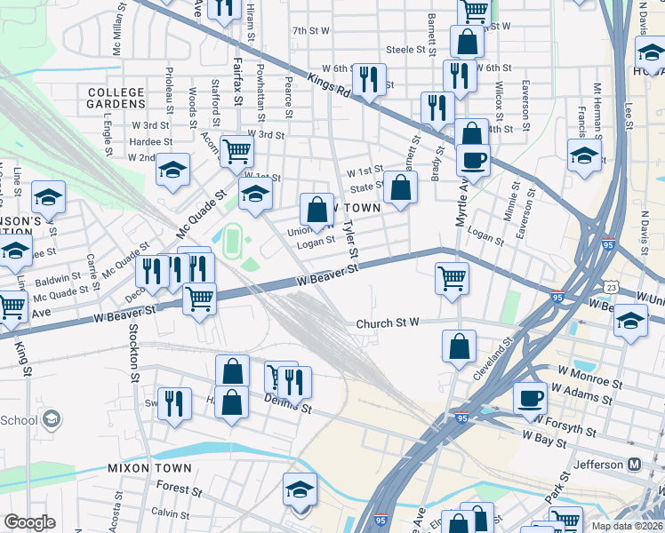 map of restaurants, bars, coffee shops, grocery stores, and more near 1562 Morgan Street in Jacksonville