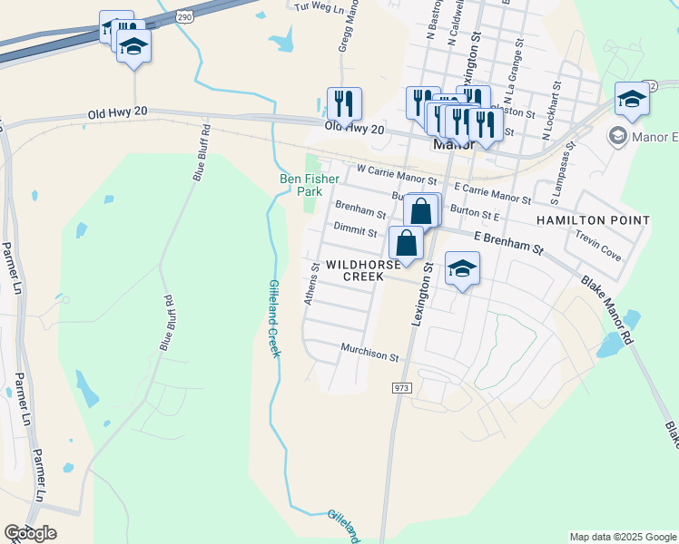 map of restaurants, bars, coffee shops, grocery stores, and more near 11501 Lapoynor Street in Manor