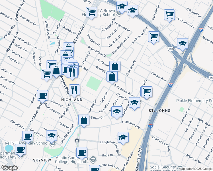 map of restaurants, bars, coffee shops, grocery stores, and more near 203 West Saint Johns Avenue in Austin